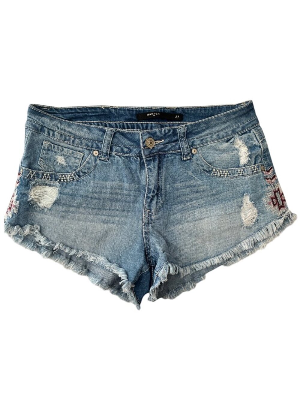 Francesca’s Harper Womens Distressed Denim Shorts Embroidered Aztec 27” Frayed